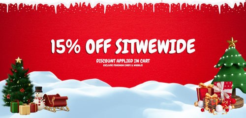 Red promotional banner with Christmas-themed elements and text offering a 15% discount sitewide. Discount Applied in Cart, Excludes Pokemon Cards & Woobles