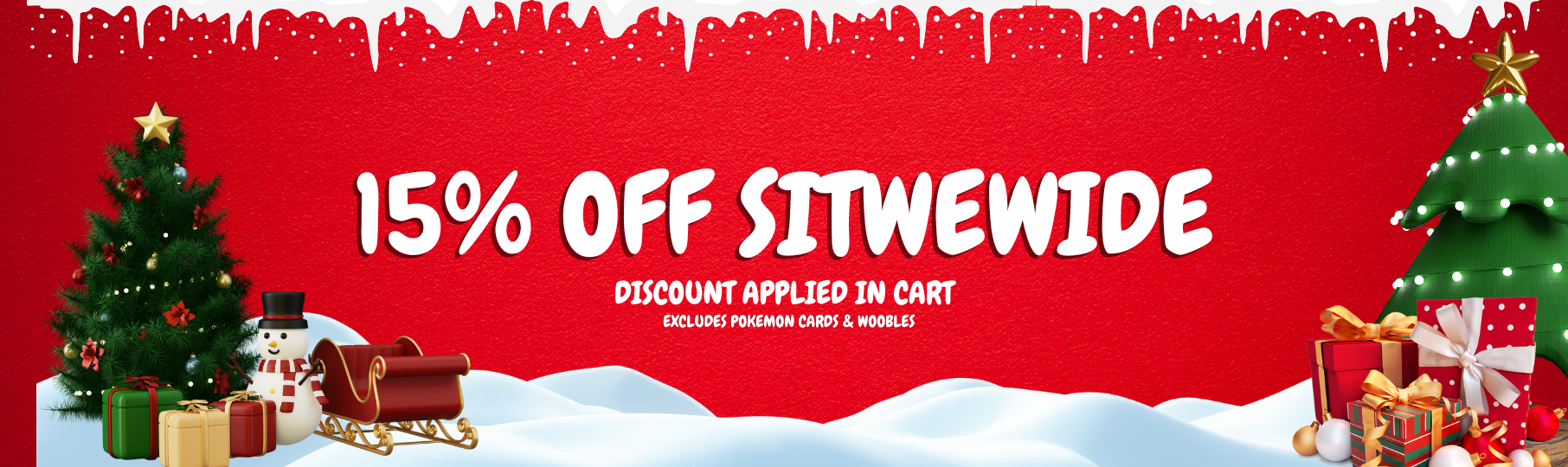 Red promotional banner with Christmas-themed elements and text offering a 15% discount sitewide. Discount Applied in Cart, Excludes Pokemon Cards & Woobles